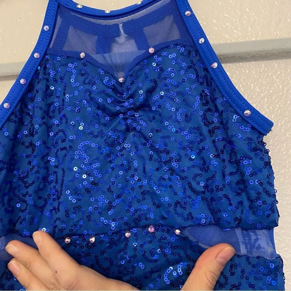 WEISSMAN Dance blue sequin Costume maxi dress lyrical 9876 child IC- child 7/8